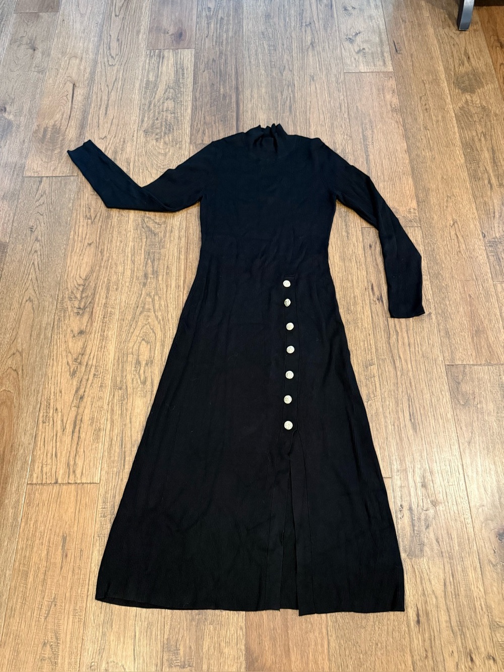 Black Long Sleeve knit Midi Dress with gold Side Buttons